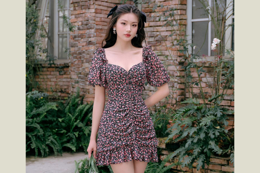 Đầm lụa họa tiết thời trang Hàn Quốc